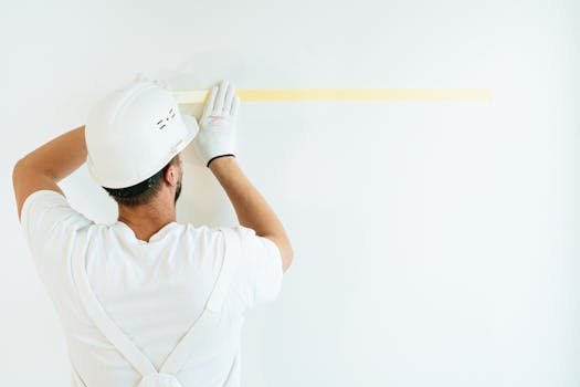 A construction worker applying tape on a wall in preparation for painting or measuring.