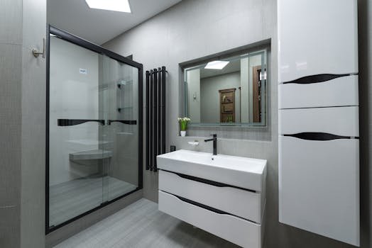 White sink at wall with mirror near cupboard in modern bathroom with glass shower cabin and bright illumination in apartment
