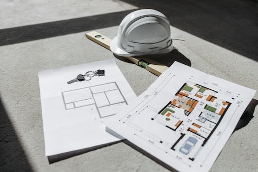 Architectural floor plans with helmet and keys on sunlit floor, perfect for real estate or construction themes.